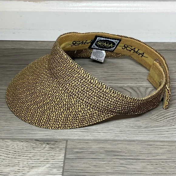 Scala Straw Visor Hat Women’s One Size Adjustable Tan/Black SunHat Golf Beach - Picture 3 of 11